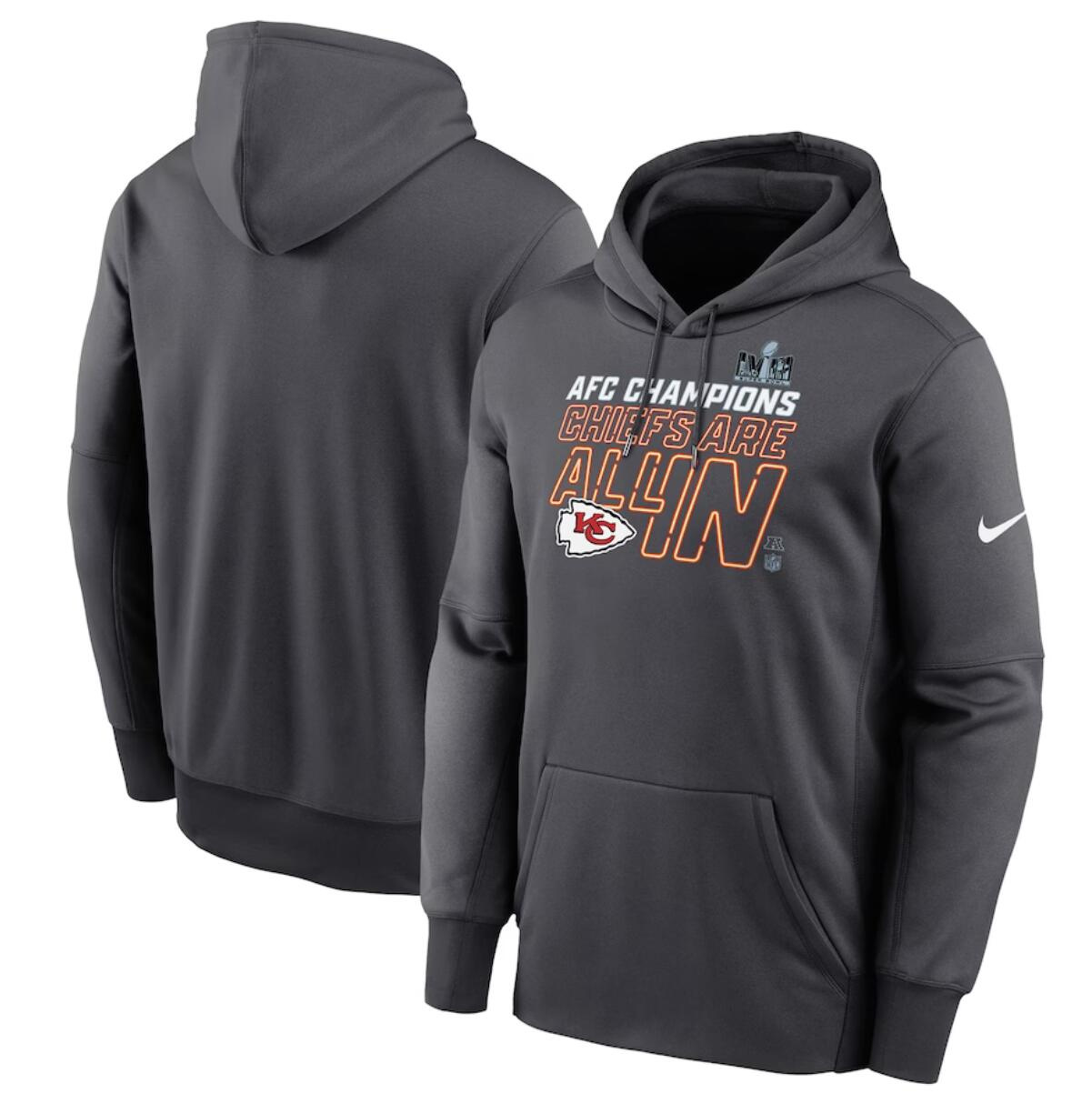 Men's Kansas City Chiefs Anthracite 2023 AFC Champions Locker Room Trophy Collection Pullover Hoodie Men's Kansas City Chiefs Anthracite 2023 AFC Champions Locker Room Trophy Collection Pullover Hoodie