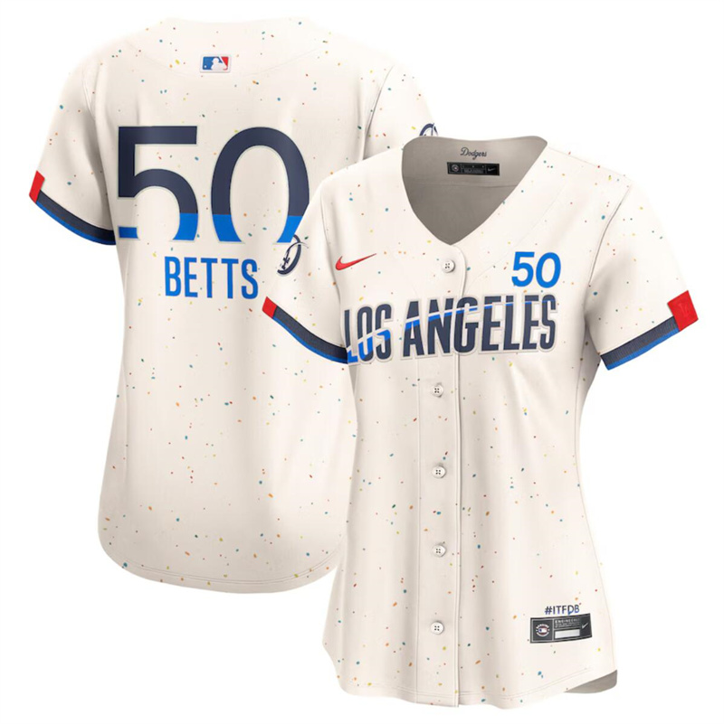 Women's Los Angeles Dodgers #50 Mookie Betts Cream 2024 City Connect Limited Stitched Jersey(Run Small) Women's Los Angeles Dodgers #50 Mookie Betts Cream 2024 City Connect Limited Stitched Jersey(Run Small)