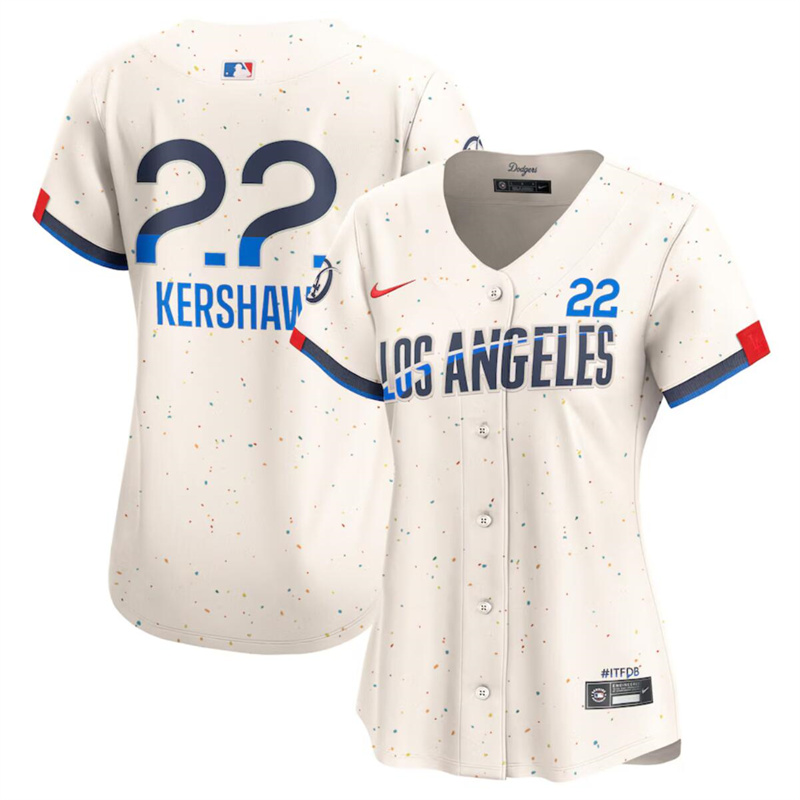 Women's Los Angeles Dodgers #22 Clayton Kershaw Cream 2024 City Connect Limited Stitched Jersey(Run Small) Women's Los Angeles Dodgers #22 Clayton Kershaw Cream 2024 City Connect Limited Stitched Jersey(Run Small)