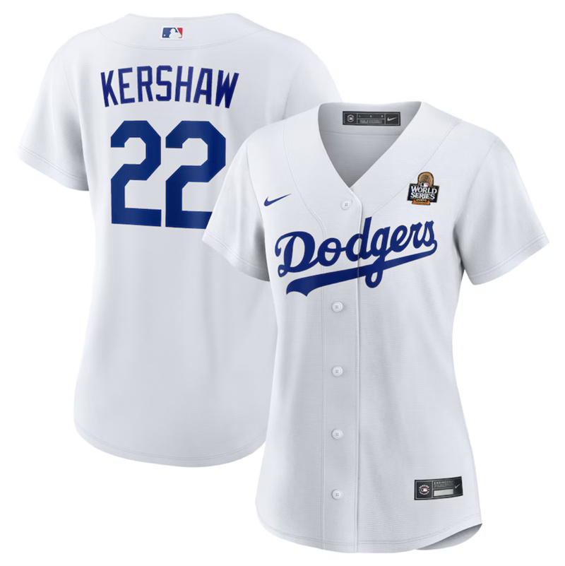 Women's Los Angeles Dodgers #22 Clayton Kershaw White 2024 World Series Cool Base Stitched Baseball Jersey(Run Small) Women's Los Angeles Dodgers #22 Clayton Kershaw White 2024 World Series Cool Base Stitched Baseball Jersey(Run Small)