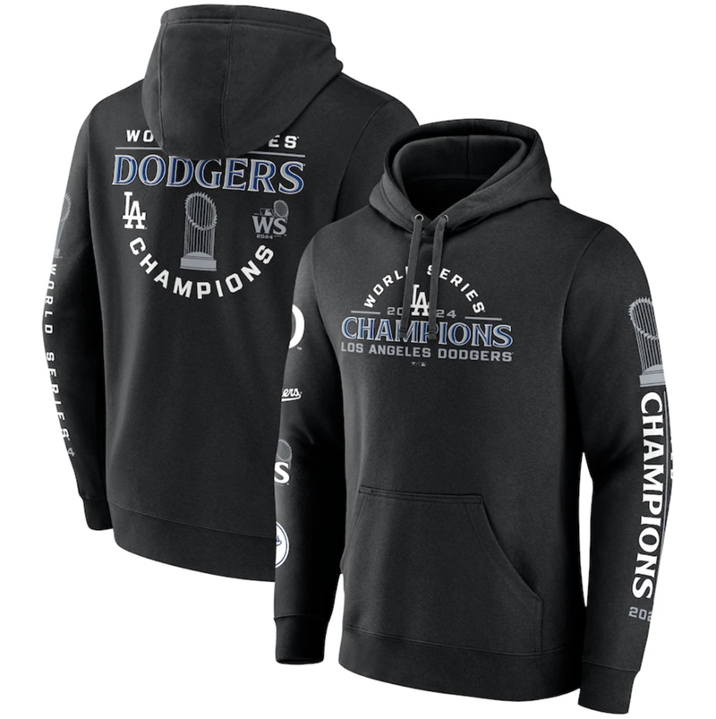 Men's Los Angeles Dodgers Black 2024 World Series Champions Logos Pullover Hoodie Men's Los Angeles Dodgers Black 2024 World Series Champions Logos Pullover Hoodie