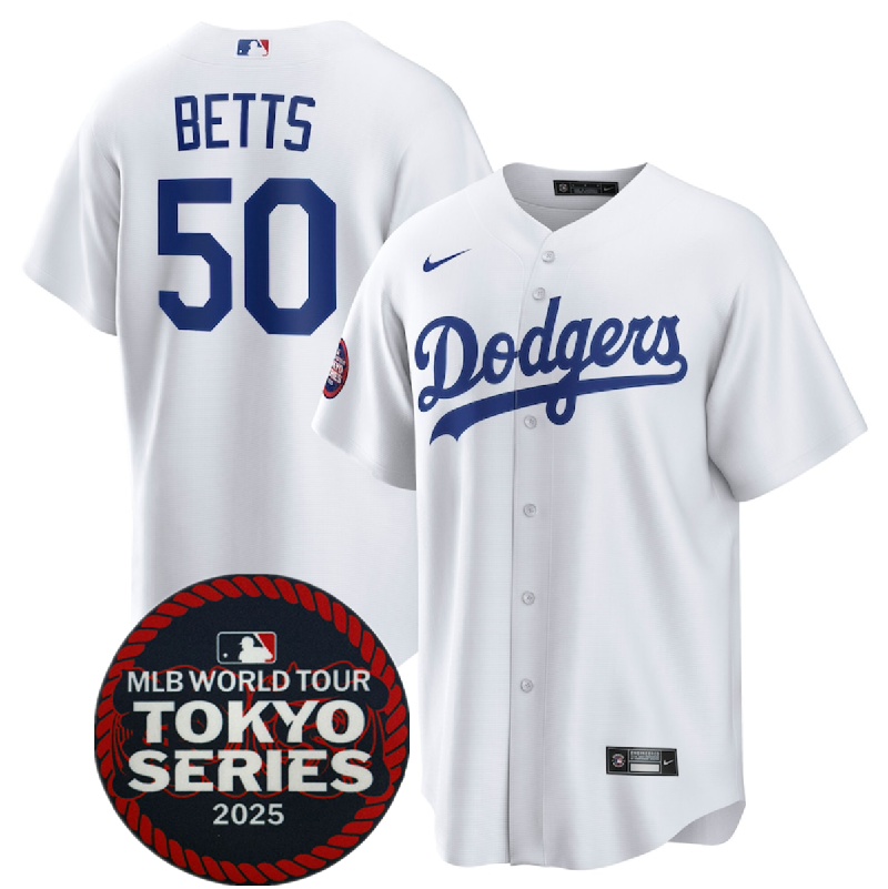 Men's Los Angeles Dodgers #50 Mookie Betts White 2025 World Tour: Tokyo Series Home Stitched Baseball Jersey Men's Los Angeles Dodgers #50 Mookie Betts White 2025 World Tour: Tokyo Series Home Stitched Baseball Jersey
