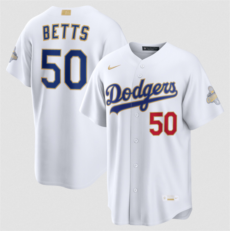 Men's Los Angeles Dodgers #50 Mookie Betts White 2026 Gold Collection Stadium Stitched Baseball Jersey Men's Los Angeles Dodgers #50 Mookie Betts White 2026 Gold Collection Stadium Stitched Baseball Jersey