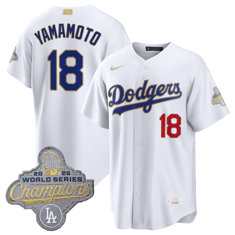 Men's Los Angeles Dodgers #18 Yoshinobu Yamamoto White 2026 Gold Collection Stadium Stitched Baseball Jersey Men's Los Angeles Dodgers #18 Yoshinobu Yamamoto White 2026 Gold Collection Stadium Stitched Baseball Jersey