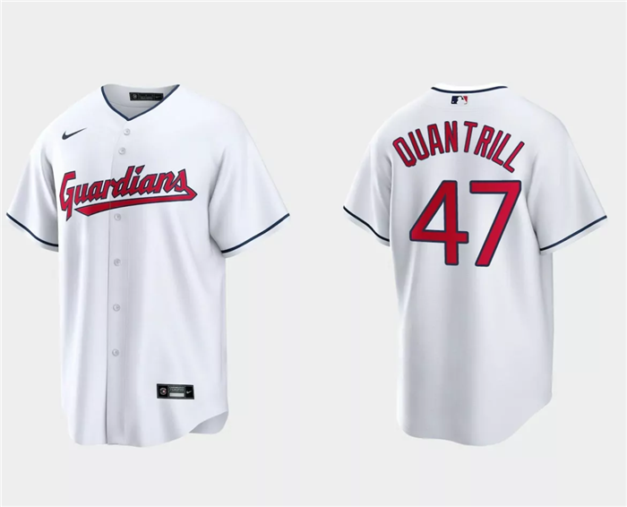 Men's Cleveland Guardians #47 Cal Quantrill White Cool Base Stitched Jersey Men's Cleveland Guardians #47 Cal Quantrill White Cool Base Stitched Jersey