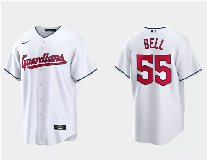 Men's Cleveland Guardians #55 Josh Bell White Cool Base Stitched Jersey Men's Cleveland Guardians #55 Josh Bell White Cool Base Stitched Jersey