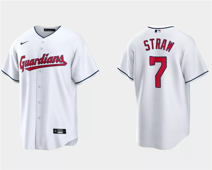 Men's Cleveland Guardians #7 Myles Straw White Cool Base Stitched Jersey Men's Cleveland Guardians #7 Myles Straw White Cool Base Stitched Jersey