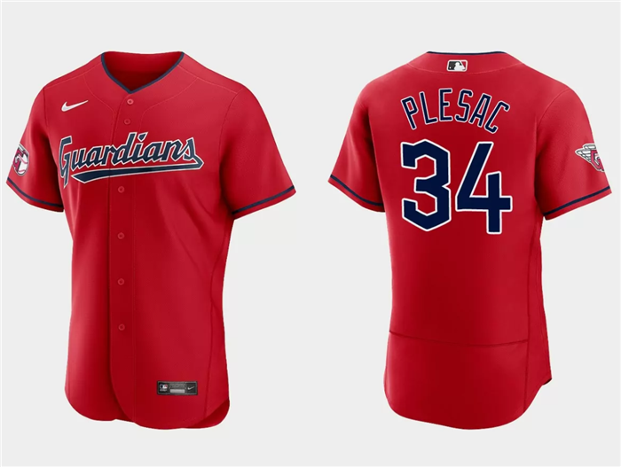 Men's Cleveland Guardians #34 Zach Plesac Red Flex Base Stitched Jersey Men's Cleveland Guardians #34 Zach Plesac Red Flex Base Stitched Jersey