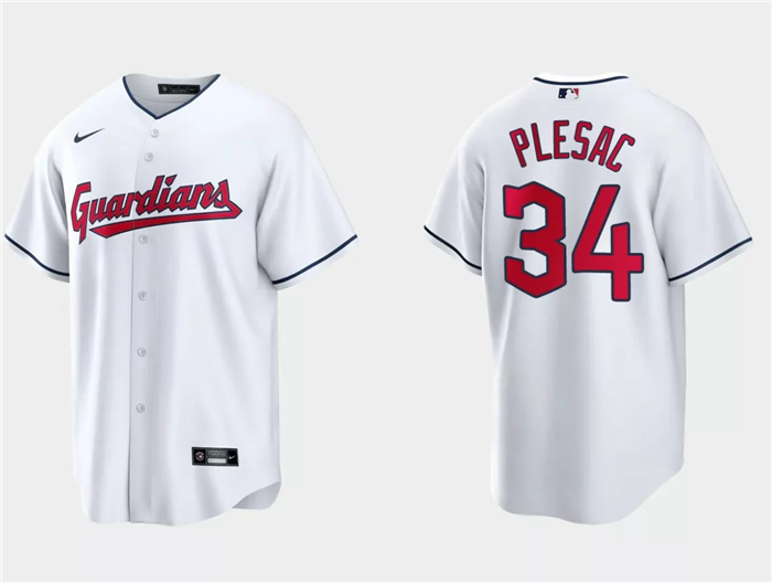 Men's Cleveland Guardians #34 Zach Plesac White Cool Base Stitched Jersey Men's Cleveland Guardians #34 Zach Plesac White Cool Base Stitched Jersey