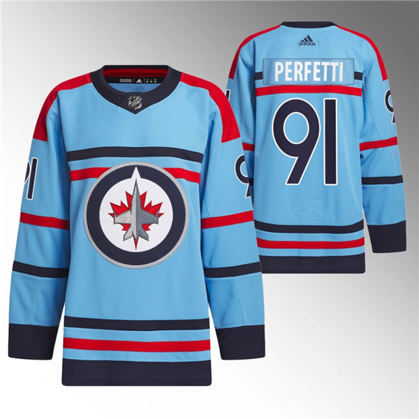 Men's Winnipeg Jets #91 Cole Perfetti Light Blue Anniversary Primegreen Stitched Jersey Men's Winnipeg Jets #91 Cole Perfetti Light Blue Anniversary Primegreen Stitched Jersey