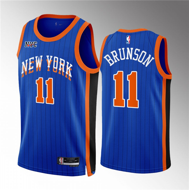 Men's New Yok Knicks #11 Jalen Brunson Blue 2023/24 City Edition Stitched Basketball Jersey Men's New Yok Knicks #11 Jalen Brunson Blue 2023/24 City Edition Stitched Basketball Jersey