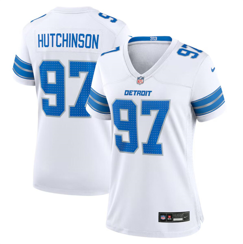 Women's Detroit Lions #97 Aidan Hutchinson White Stitched Jersey(Run Smaller) Women's Detroit Lions #97 Aidan Hutchinson White Stitched Jersey(Run Smaller)