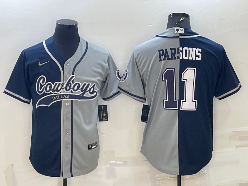 Men's Dallas Cowboys #11 Micah Parsons Navy/Grey Split With Patch Cool Base Stitched Baseball Jersey Men's Dallas Cowboys #11 Micah Parsons Navy/Grey Split With Patch Cool Base Stitched Baseball Jersey