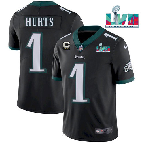 Men's Philadelphia Eagles #1 Jalen Hurts Black Super Bowl LVII Patch And 2-Star C Patch Vapor Untouchable Limited Stitched Jersey Men's Philadelphia Eagles #1 Jalen Hurts Black Super Bowl LVII Patch And 2-Star C Patch Vapor Untouchable Limited Stitched Jersey