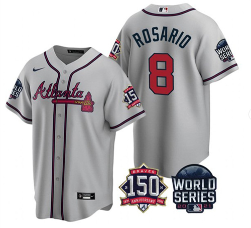 Men's Atlanta Braves #8 Eddie Rosario 2021 Gray World Series With 150th Anniversary Patch Cool Base Stitched Jersey Men's Atlanta Braves #8 Eddie Rosario 2021 Gray World Series With 150th Anniversary Patch Cool Base Stitched Jersey