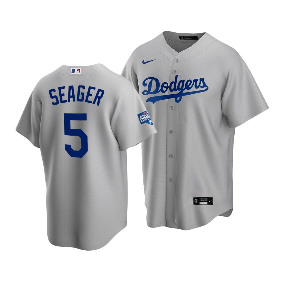 Men's Los Angeles Dodgers #5 Corey Seager Grey 2020 World Series Champions Home Patch Cool Base Stitched MLB Jersey Men's Los Angeles Dodgers #5 Corey Seager Grey 2020 World Series Champions Home Patch Cool Base Stitched MLB Jersey
