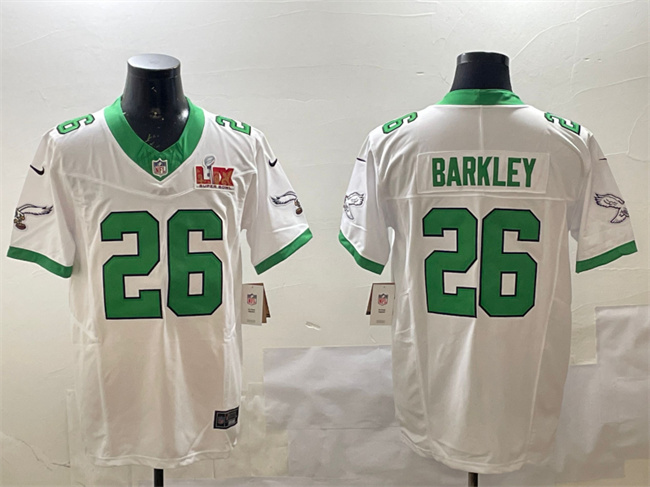 Men's Philadelphia Eagles #26 Saquon Barkley White 2025 Super Bowl LIX Patch F.U.S.E. Vapor Untouchable Limited Stitched Football Jersey Men's Philadelphia Eagles #26 Saquon Barkley White 2025 Super Bowl LIX Patch F.U.S.E. Vapor Untouchable Limited Stitched Football Jersey