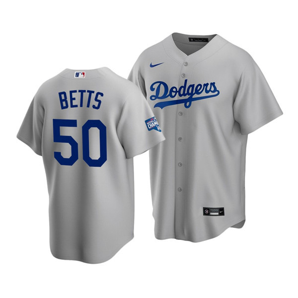 Men's Los Angeles Dodgers #50 Mookie Betts Grey 2020 World Series Champions Home Patch Cool Base Stitched MLB Jersey Men's Los Angeles Dodgers #50 Mookie Betts Grey 2020 World Series Champions Home Patch Cool Base Stitched MLB Jersey