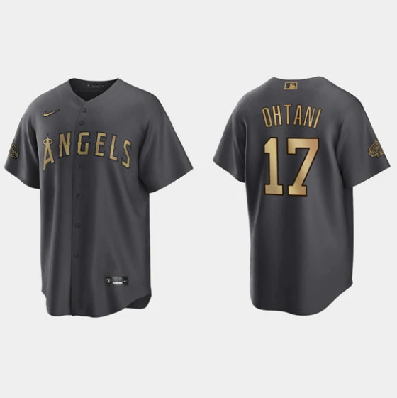 Men's Los Angeles Angels #17 Shohei Ohtani 2022 All-star Charcoal Cool Base Stitched Jersey Men's Los Angeles Angels #17 Shohei Ohtani 2022 All-star Charcoal Cool Base Stitched Jersey