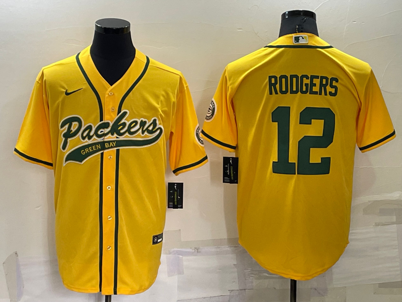 Men's Green Bay Packers #12 Aaron Rodgers Yellow Cool Base Stitched Baseball Jersey Men's Green Bay Packers #12 Aaron Rodgers Yellow Cool Base Stitched Baseball Jersey