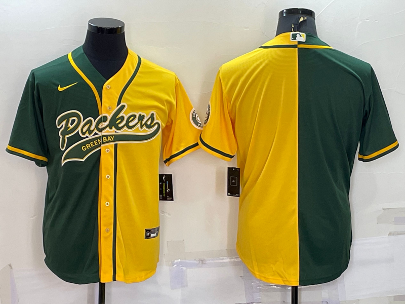 Men's Green Bay Packers #12 Aaron Rodgers Green/Yellow Split With Patch Cool Base Stitched Baseball Jersey Men's Green Bay Packers #12 Aaron Rodgers Green/Yellow Split With Patch Cool Base Stitched Baseball Jersey