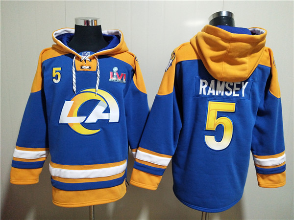 Men's Los Angeles Rams #5 Jalen Ramsey 2022 Royal Super Bowl LVI Champions Pullover Hoodie Men's Los Angeles Rams #5 Jalen Ramsey 2022 Royal Super Bowl LVI Champions Pullover Hoodie