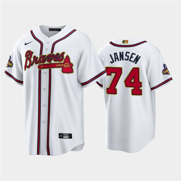 Men's Atlanta Braves #74 Kenley Jansen 2022 White/Gold World Series Champions Program Cool Base Stitched Baseball Jersey Men's Atlanta Braves #74 Kenley Jansen 2022 White/Gold World Series Champions Program Cool Base Stitched Baseball Jersey