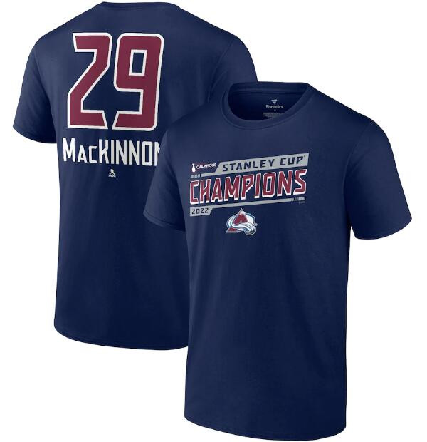 Men's Colorado Avalanche #29 Nathan MacKinnon Navy 2022 Stanley Cup Champions Banner Name & Number T-Shirt Men's Colorado Avalanche #29 Nathan MacKinnon Navy 2022 Stanley Cup Champions Banner Name & Number T-Shirt