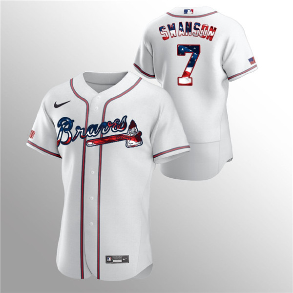 Men's Atlanta Braves #7 Dansby Swanson White 2020 Stars & Stripes Flex Base Stitched Jersey Men's Atlanta Braves #7 Dansby Swanson White 2020 Stars & Stripes Flex Base Stitched Jersey