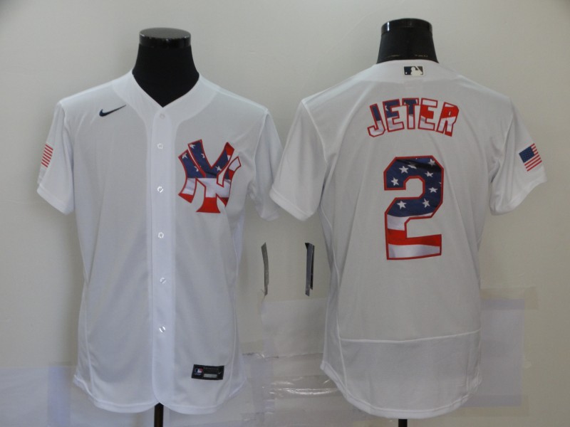 Men's New York Yankees #2 Derek Jeter White 2020 Stars & Stripes Flex Base Stitched Jersey Men's New York Yankees #2 Derek Jeter White 2020 Stars & Stripes Flex Base Stitched Jersey