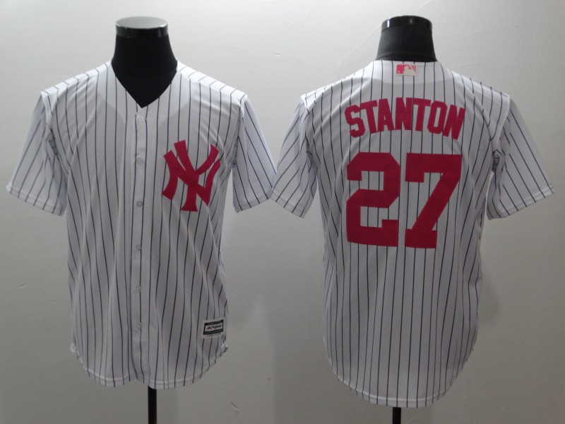 Men's New York Yankees #27 Giancarlo Stanton White Pink Cool Base Stitched MLB Jersey Men's New York Yankees #27 Giancarlo Stanton White Pink Cool Base Stitched MLB Jersey