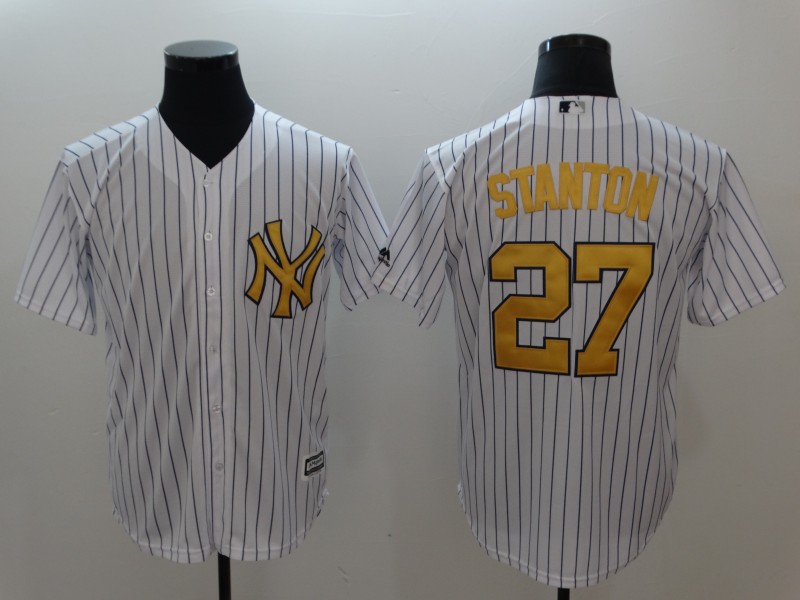 Men's New York Yankees #27 Giancarlo Stanton White Gold Cool Base Stitched MLB Jersey Men's New York Yankees #27 Giancarlo Stanton White Gold Cool Base Stitched MLB Jersey