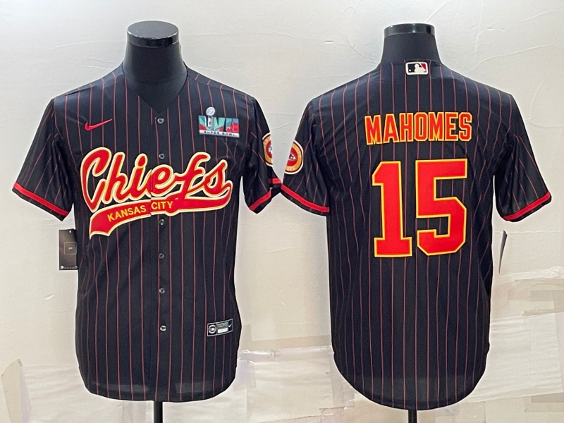 Men's Kansas City Chiefs #15 Patrick Mahomes Black With Super Bowl LVII Patch Cool Base Stitched Baseball Jersey Men's Kansas City Chiefs #15 Patrick Mahomes Black With Super Bowl LVII Patch Cool Base Stitched Baseball Jersey