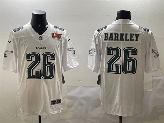 Men's Philadelphia Eagles #26 Saquon Barkley White 2025 Super Bowl LIX Patch Fashion Vapor Untouchable Limited Stitched Football Jersey Men's Philadelphia Eagles #26 Saquon Barkley White 2025 Super Bowl LIX Patch Fashion Vapor Untouchable Limited Stitched Football Jersey