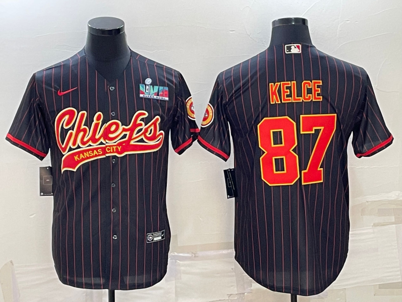 Men's Kansas City Chiefs #87 Travis Kelce Black With Super Bowl LVII Patch Cool Base Stitched Baseball Jersey Men's Kansas City Chiefs #87 Travis Kelce Black With Super Bowl LVII Patch Cool Base Stitched Baseball Jersey