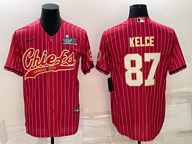 Men's Kansas City Chiefs #87 Travis Kelce Red With Super Bowl LVII Patch Cool Base Stitched Baseball Jersey Men's Kansas City Chiefs #87 Travis Kelce Red With Super Bowl LVII Patch Cool Base Stitched Baseball Jersey