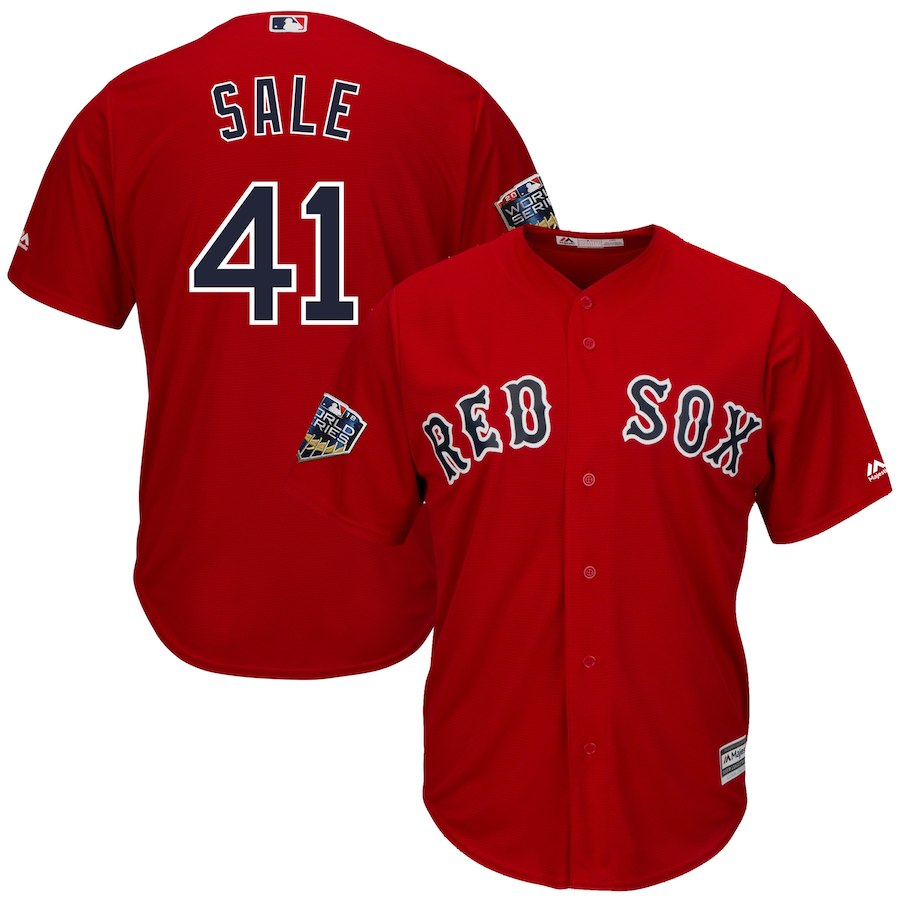 Men's Boston Red Sox #41 Chris Sale Majestic Scarlet 2018 World Series Champions Team Logo Player Stitched MLB Jersey Men's Boston Red Sox #41 Chris Sale Majestic Scarlet 2018 World Series Champions Team Logo Player Stitched MLB Jersey