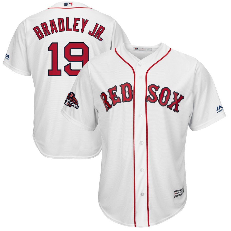Men's Boston Red Sox #19 Jackie Bradley Jr. Majestic White 2018 World Series Champions Team Logo Player Stitched MLB Jersey Men's Boston Red Sox #19 Jackie Bradley Jr. Majestic White 2018 World Series Champions Team Logo Player Stitched MLB Jersey