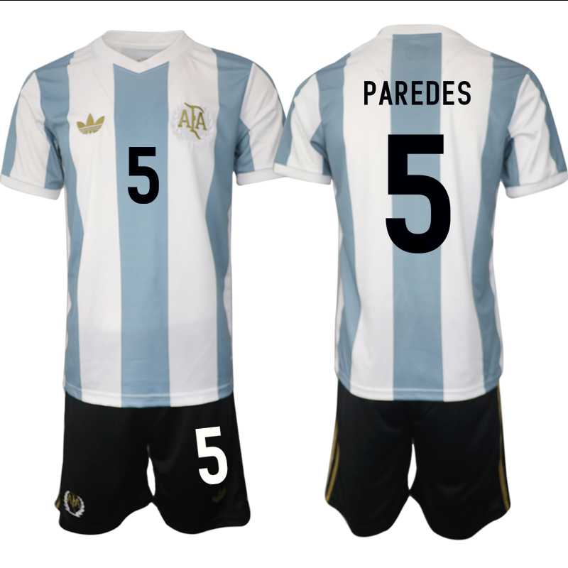 Men's Argentina #5 Leandro Paredes White/Blue 2024-25 50th Anniversary Home Soccer Jersey Suit Men's Argentina #5 Leandro Paredes White/Blue 2024-25 50th Anniversary Home Soccer Jersey Suit