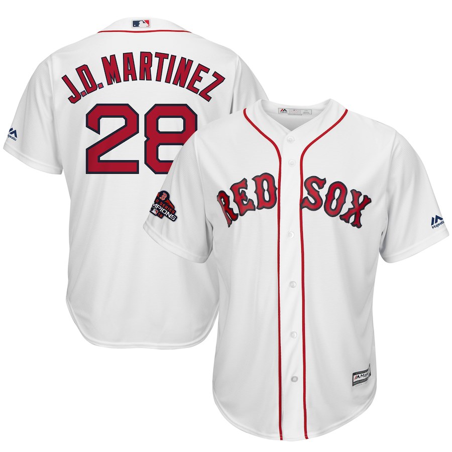 Men's Boston Red Sox #28 J.D. Martinez Majestic White 2018 World Series Champions Team Logo Player Stitched MLB Jersey Men's Boston Red Sox #28 J.D. Martinez Majestic White 2018 World Series Champions Team Logo Player Stitched MLB Jersey
