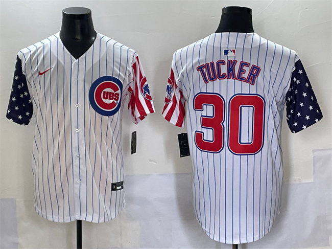 Men's Chicago Cubs #30 Kyle Tucker White Pinstripe 2025 Independence Day Vapor Premier Limited Stitched Baseball Jersey Men's Chicago Cubs #30 Kyle Tucker White Pinstripe 2025 Independence Day Vapor Premier Limited Stitched Baseball Jersey