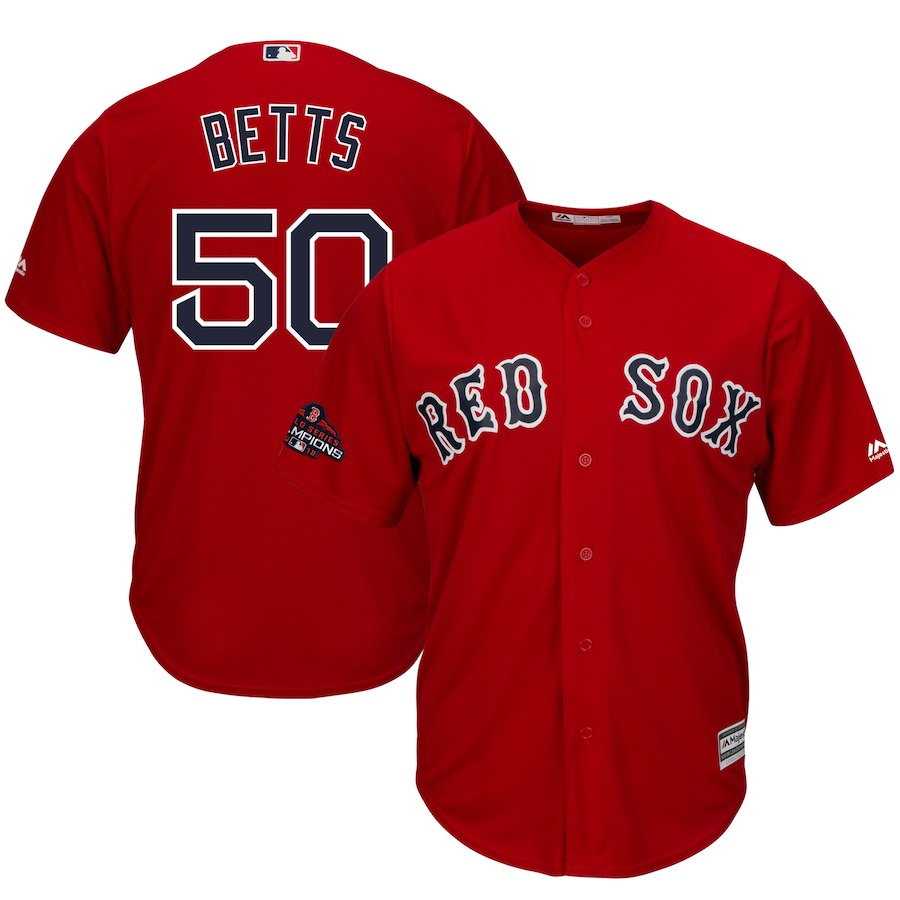Men's Boston Red Sox #50 Mookie Betts Majestic Scarlet 2018 World Series Champions Team Logo Player Stitched MLB Jersey Men's Boston Red Sox #50 Mookie Betts Majestic Scarlet 2018 World Series Champions Team Logo Player Stitched MLB Jersey