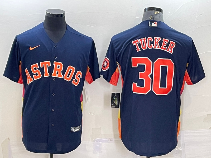 Men's Houston Astros #30 Kyle Tucker Navy With Path Cool Base Stitched Jersey