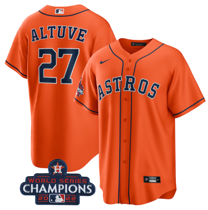 Men's Houston Astros #27 Jose Altuve Orange 2022 World Series Champions Home Stitched Baseball Jersey Men's Houston Astros #27 Jose Altuve Orange 2022 World Series Champions Home Stitched Baseball Jersey