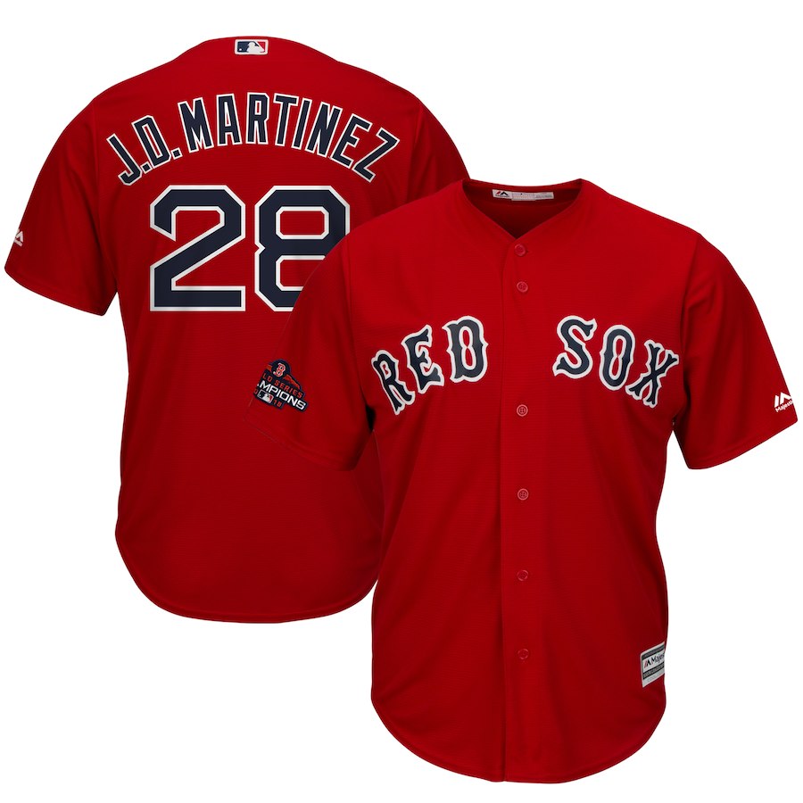 Men's Boston Red Sox #28 J.D. Martinez Majestic Scarlet 2018 World Series Champions Team Logo Player Stitched MLB Jersey Men's Boston Red Sox #28 J.D. Martinez Majestic Scarlet 2018 World Series Champions Team Logo Player Stitched MLB Jersey