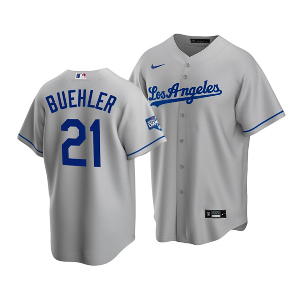 Men's Los Angeles Dodgers #21 Walker Buehler Grey 2020 World Series Champions Home Patch Cool Base Stitched MLB Jersey Men's Los Angeles Dodgers #21 Walker Buehler Grey 2020 World Series Champions Home Patch Cool Base Stitched MLB Jersey