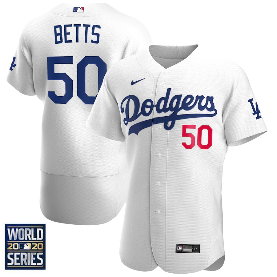 Men's Los Angeles Dodgers #50 Mookie Betts White 2020 World Series Bound stitched MLB Jersey