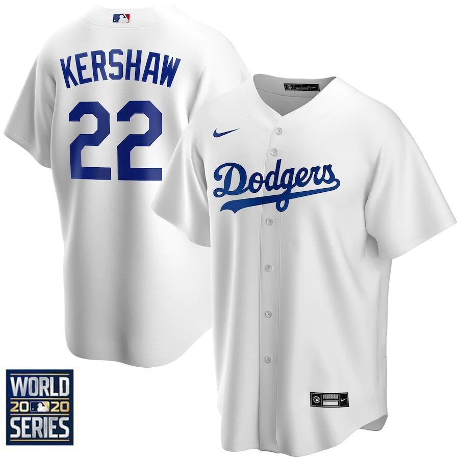 Men's Los Angeles Dodgers #22 Clayton Kershaw White 2020 World Series Bound stitched MLB Jersey Men's Los Angeles Dodgers #22 Clayton Kershaw White 2020 World Series Bound stitched MLB Jersey