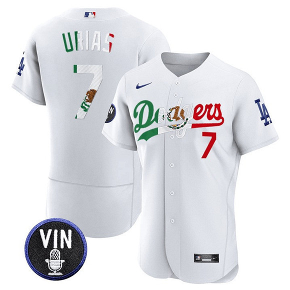 Men's Los Angeles Dodgers #7 Julio Urias White Mexico Special Vin Scully Patch Flex Base Stitched Baseball Jersey Men's Los Angeles Dodgers #7 Julio Urias White Mexico Special Vin Scully Patch Flex Base Stitched Baseball Jersey
