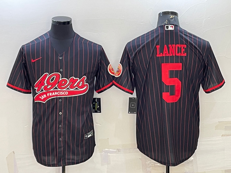 Men's San Francisco 49ers #5 Trey Lance Black With Patch Cool Base Stitched Baseball Jersey Men's San Francisco 49ers #5 Trey Lance Black With Patch Cool Base Stitched Baseball Jersey
